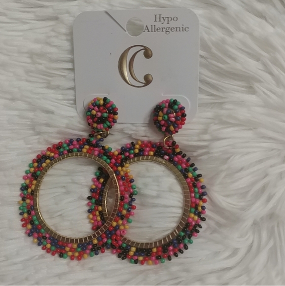 NWT Multicolor Beaded Hoop Earrings Hypoallergenic - Picture 1 of 4